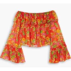 Caroline Constas Thelma Off-Shoulder Silk Ruffle Blouse in Red Floral - L